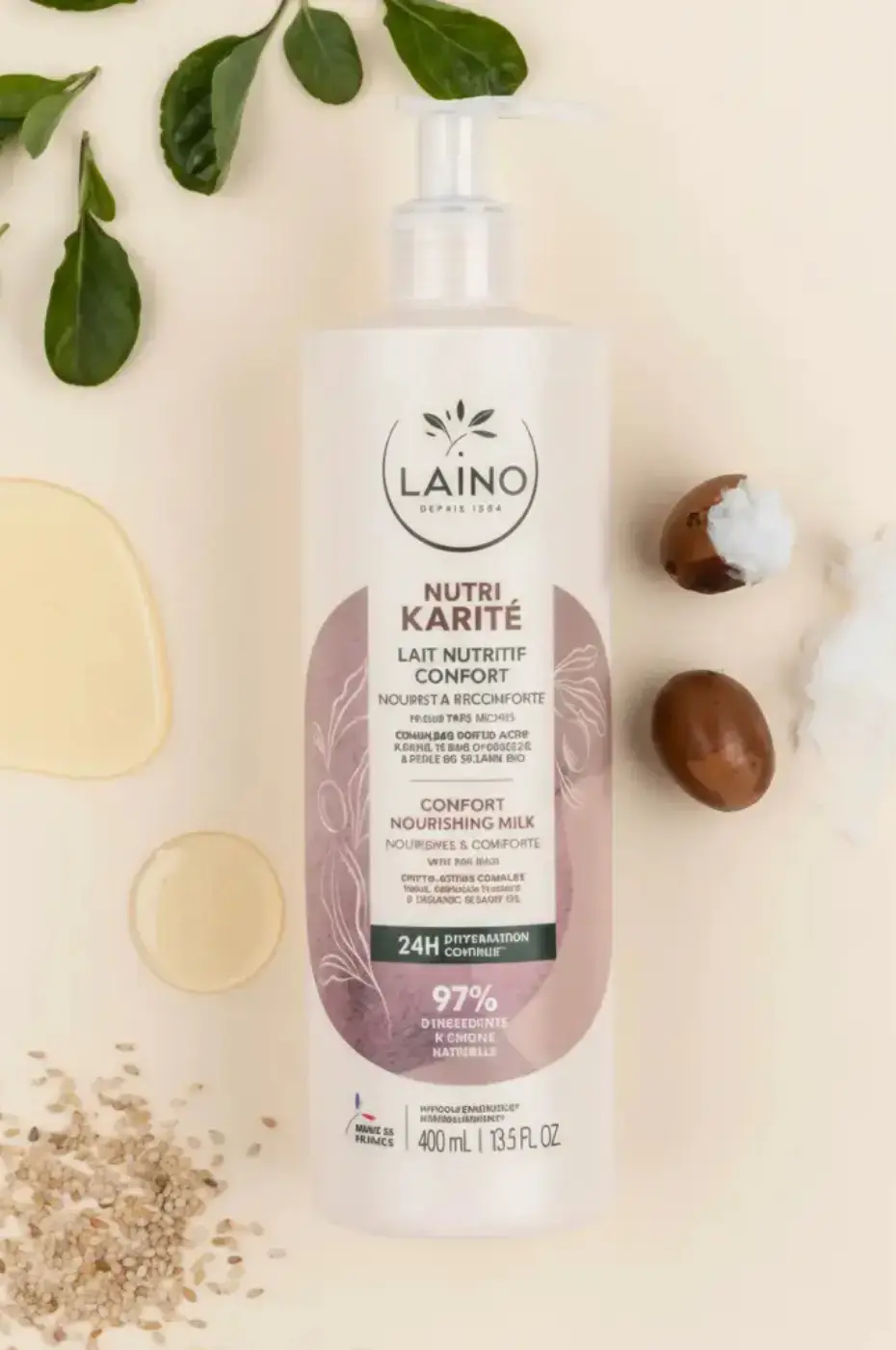 Laino Lait Corps Karité 400 ml (Hydratation 24h – 97 % naturel) Flacon Laino Lait de Corps Karité 400 ml avec ingrédients naturels : noix de karité, feuilles vertes et lait fluide