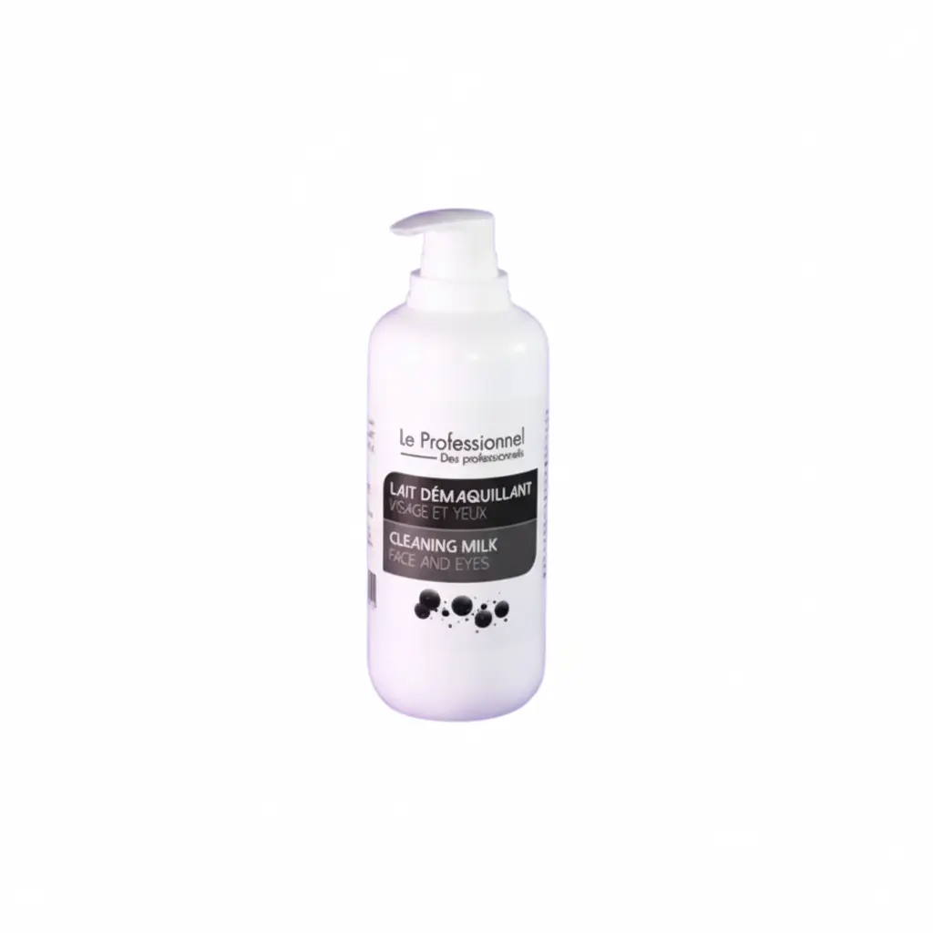 lait_demaquillant_caviar_le_professionnel_500ml Bouteille de Lait Démaquillant Le Professionnel de 500ml sur fond violet, avec inscription "Lait Démaquillant Visage et Yeux".