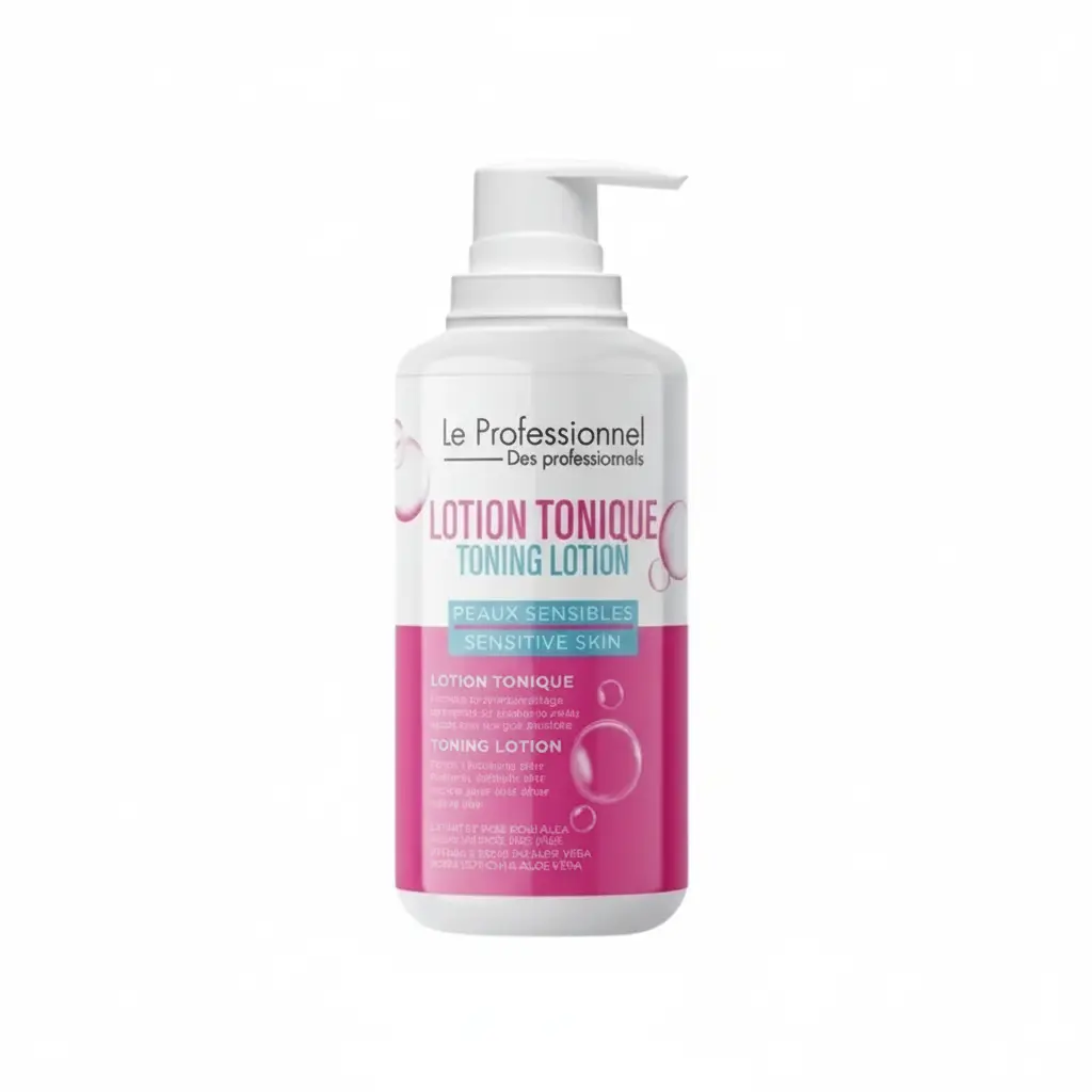 lotion tonique pour peaux sensibles Lotion tonique Le Professionnel pour peaux sensibles de 500ml, bouteille blanche et rose avec pompe. Formule à l'Aloe Vera.