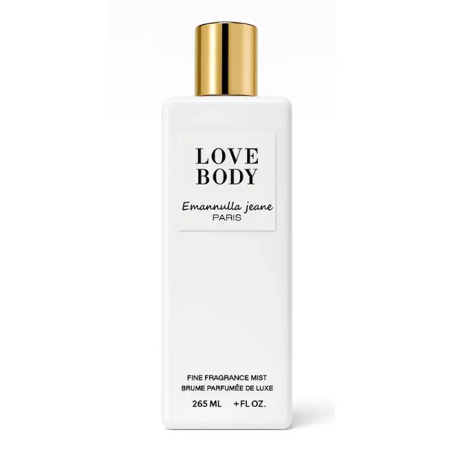 LOVE BODY (Fine Fragrance Mist - 265ML) Flacon blanc LOVE BODY à capuchon doré, posé sur fond blanc. Étiquette parisienne raffinée, éclat doux et net.
