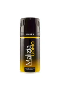 Aérosol Malizia Uomo Amber noir et jaune, 150 ml, bande ambrée, capuchon noir embossé
