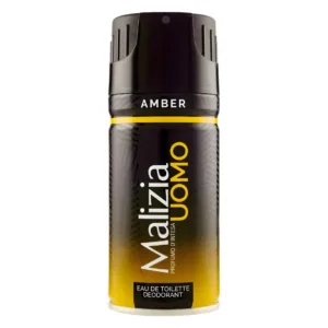 Aérosol Malizia Uomo Amber noir et jaune, 150 ml, bande ambrée, capuchon noir embossé