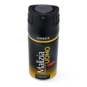 Aérosol Malizia Uomo Amber noir et jaune, 150 ml, bande ambrée, logo AUTHENTIC, capuchon noir embossé