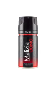 Aérosol Malizia Uomo Musk noir et rouge 150 ml, logo argenté, mention Eau de Toilette Deodorant « Profumo d’Intesa ».