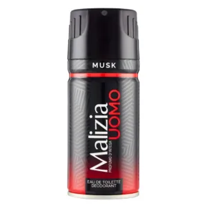 Aérosol Malizia Uomo Musk noir et rouge 150 ml, logo argenté, mention Eau de Toilette Deodorant « Profumo d’Intesa ».