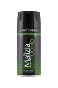 Aérosol Malizia Uomo Vetyver noir et vert, motifs géométriques, mention Eau de Toilette Déodorant