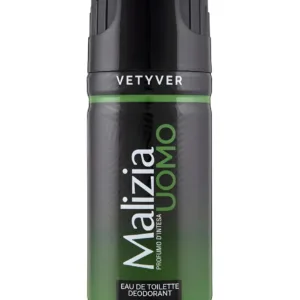 Aérosol Malizia Uomo Vetyver noir et vert, motifs géométriques, mention Eau de Toilette Déodorant