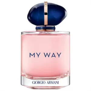 Flacon de parfum My Way Giorgio Armani 100ml avec son bouchon bleu en forme de pierre et son jus rose sur fond blanc.