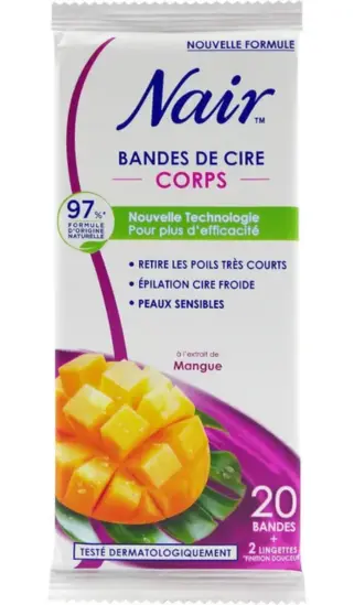 Nair : 20 Bandes de Cire Corps (+ 2 Lingettes) Mangue (Formule 97% Naturelle) Emballage de bandes de cire Nair à la mangue pour le corps, avec 20 bandes et 2 lingettes.
