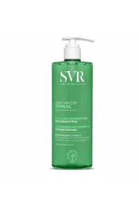 Bouteille verte SVR Spirial Déo-Douche 24h, pompe blanche, gel lavant déodorant intense fraîcheur 400 ml