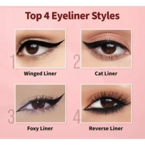 Infographie des 4 styles populaires d'eyeliner : Winged, Cat, Foxy et Reverse Liner pour sublimer le regard.