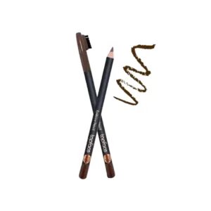Un crayon à sourcils Topface marron foncé avec brosse intégrée et un tracé brun réaliste sur fond blanc.