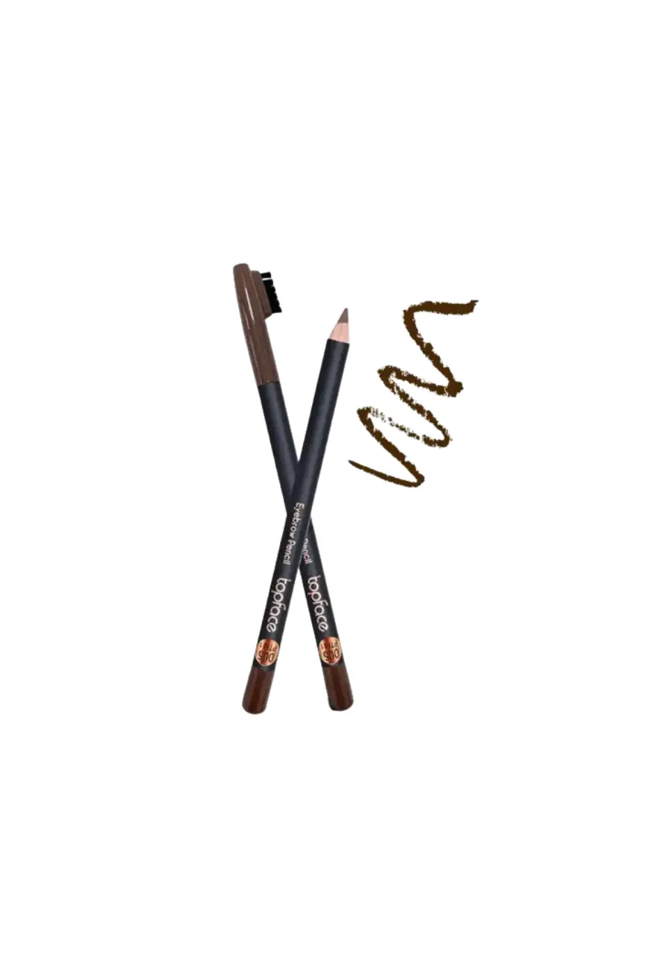 Topface Eyebrow Pencil : 5 Étapes pour des Sourcils Parfaits (Teinte 005) Un crayon à sourcils Topface marron foncé avec brosse intégrée et un tracé brun réaliste sur fond blanc.