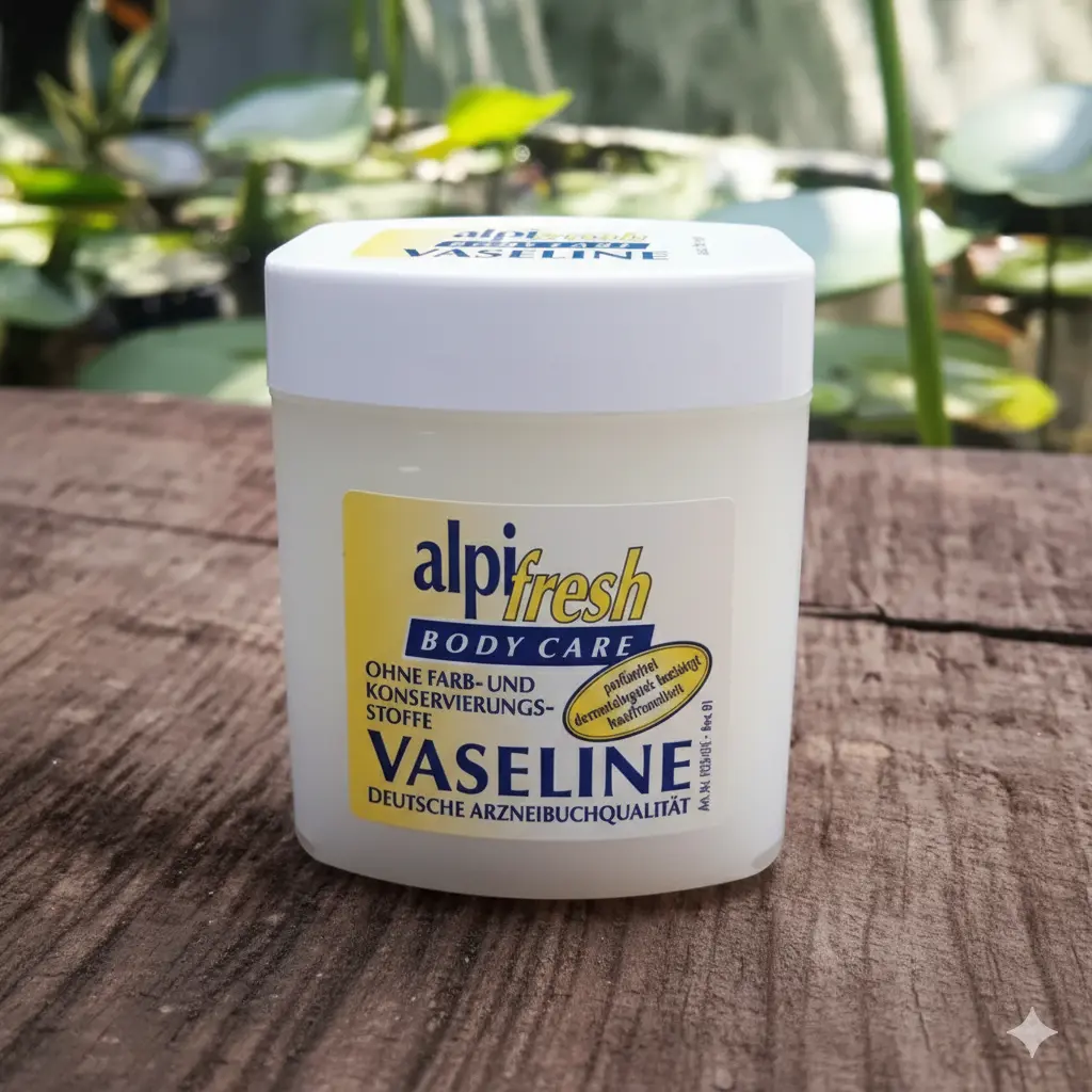 Vaseline Alpi Fresh (250ml) Un pot de vaseline Alpi Fresh pour le corps, posé sur une surface en bois, avec de la verdure en arrière-plan flou.