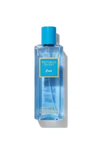Flacon bleu Victoria's Secret Rush 250 ml avec bouchon doré, étiquette bleue et texte doré, brume parfumée élégante.