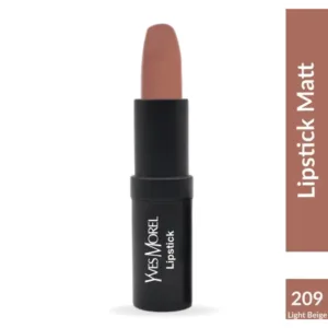 Rouge à lèvres Yves Morel teinte 209 Light Beige, fini mat, tube noir élégant avec logo blanc, couleur nude naturelle.