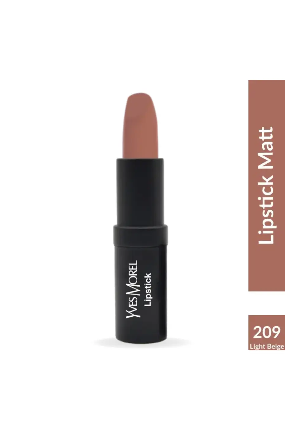 Yves Morel - Le Rouge à Lèvres Mat (209) Rouge à lèvres Yves Morel teinte 209 Light Beige, fini mat, tube noir élégant avec logo blanc, couleur nude naturelle.