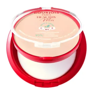 Poudre BOURJOIS PARIS HEALTHY MIX Clean & Vegan N°1 Ivory. Boîtier ouvert, avec houppette, 93% d'origine naturelle, Vitamines C, B5, E.