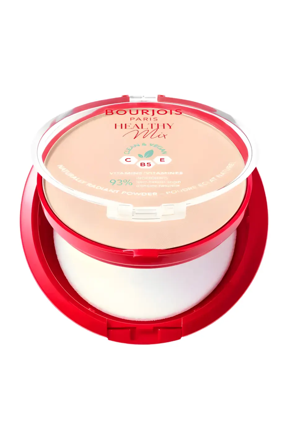 BOURJOIS Poudre Healthy Mix Clean Vegan N°1 Ivory (Ouverte) Poudre BOURJOIS PARIS HEALTHY MIX Clean & Vegan N°1 Ivory. Boîtier ouvert, avec houppette, 93% d'origine naturelle, Vitamines C, B5, E.