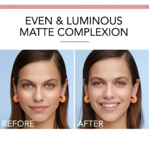 Avant/Après l'application de poudre. La photo "Après" montre un teint unifié, lumineux et mat. La femme souriante.