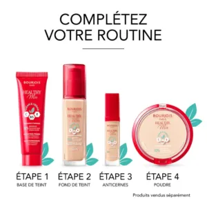 Routine maquillage Bourjois Healthy Mix en 4 étapes : Base, Fond de teint, Anticernes, Poudre. Produits présentés sur fond blanc.