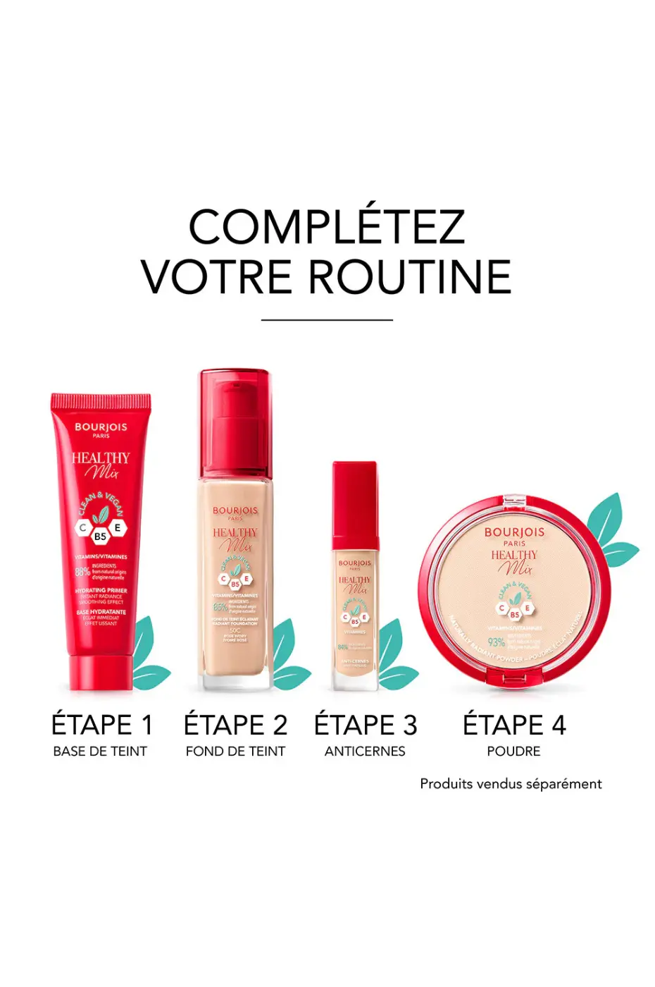 La Routine Complète : 4 Étapes Bourjois Healthy Mix Routine maquillage Bourjois Healthy Mix en 4 étapes : Base, Fond de teint, Anticernes, Poudre. Produits présentés sur fond blanc.