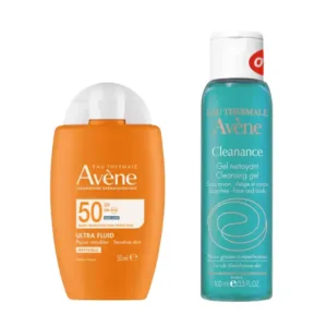 Photo de deux produits Avène : un écran solaire Ultra Fluid Invisible SPF 50 (50ml) et un gel nettoyant Cleanance pour peaux grasses (100ml).
