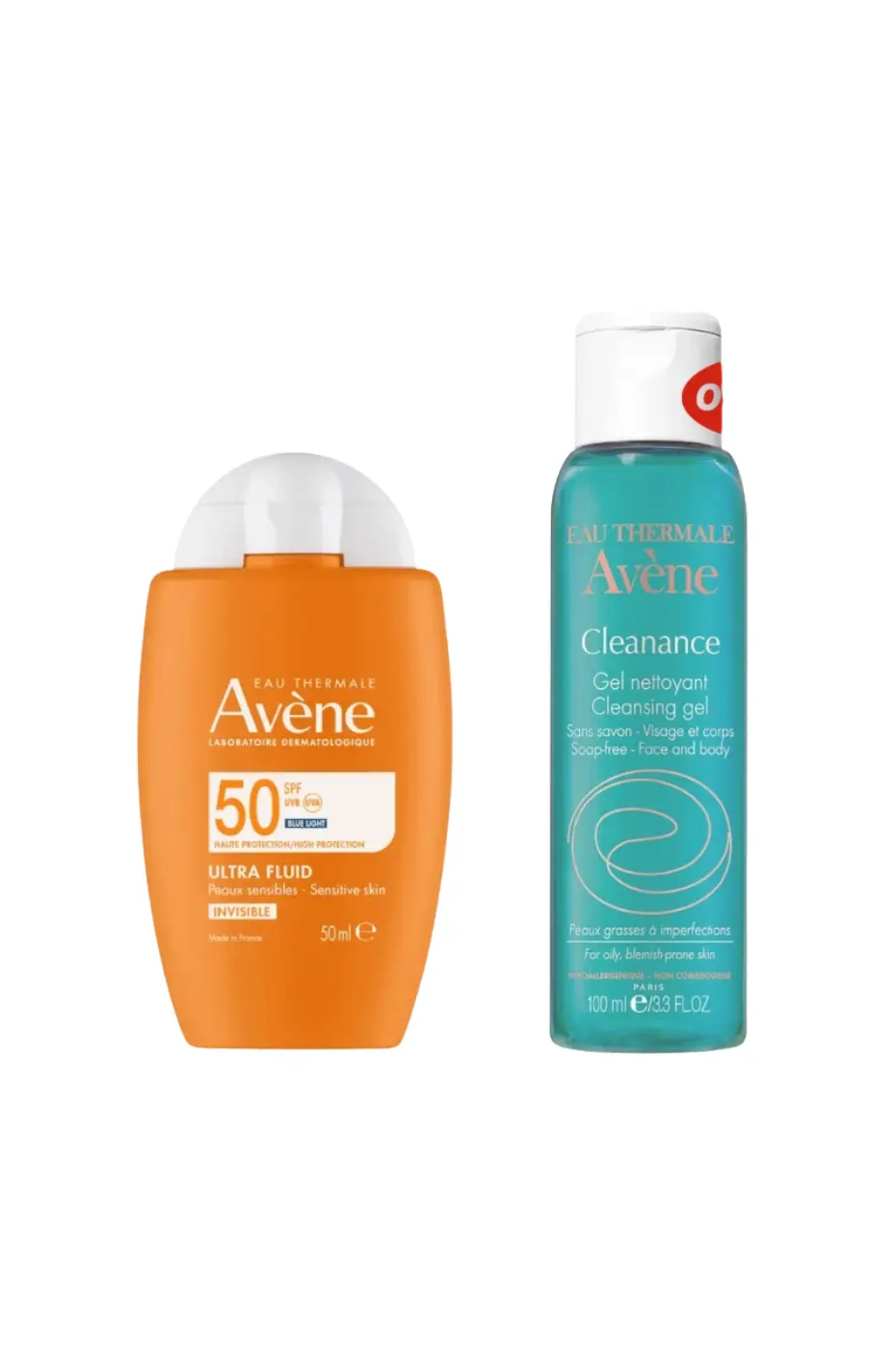 Duo Avène : Solaire Ultra Fluid SPF 50 et Gel Nettoyant Cleanance Photo de deux produits Avène : un écran solaire Ultra Fluid Invisible SPF 50 (50ml) et un gel nettoyant Cleanance pour peaux grasses (100ml).