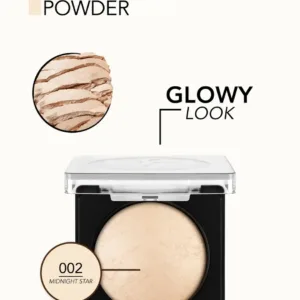 Poudre illuminatrice Flormar 002 Midnight Star : fini glowy, boîtier élégant, teinte champagne, effet lumineux et naturel.
