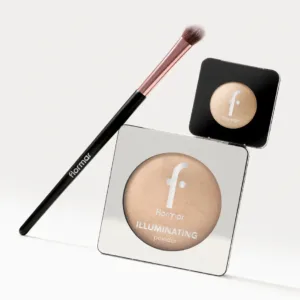 Pinceau Flormar noir et poudres illuminatrices compactes beige nacré, élégantes et raffinées, pour un éclat lumineux naturel.