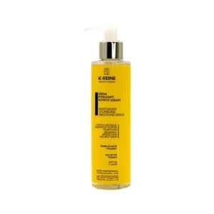 Flacon jaune à pompe du sérum hydratant nutritif lissant K-Reine 100 ml, conçu pour cheveux abîmés et pointes cassantes.