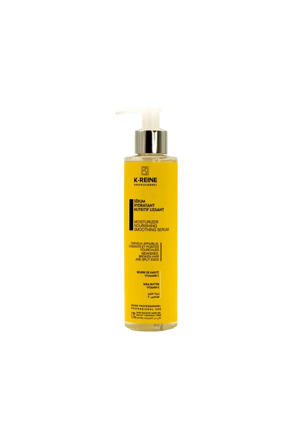 Sérum Hydratant Nutritif Lissant K-Reine - Flacon jaune 100 ml Flacon jaune à pompe du sérum hydratant nutritif lissant K-Reine 100 ml, conçu pour cheveux abîmés et pointes cassantes.
