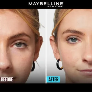 Image Avant/Après montrant l'efficacité du correcteur Maybelline Fit Me n°15. La peau est unifiée, les cernes et rougeurs estompés.