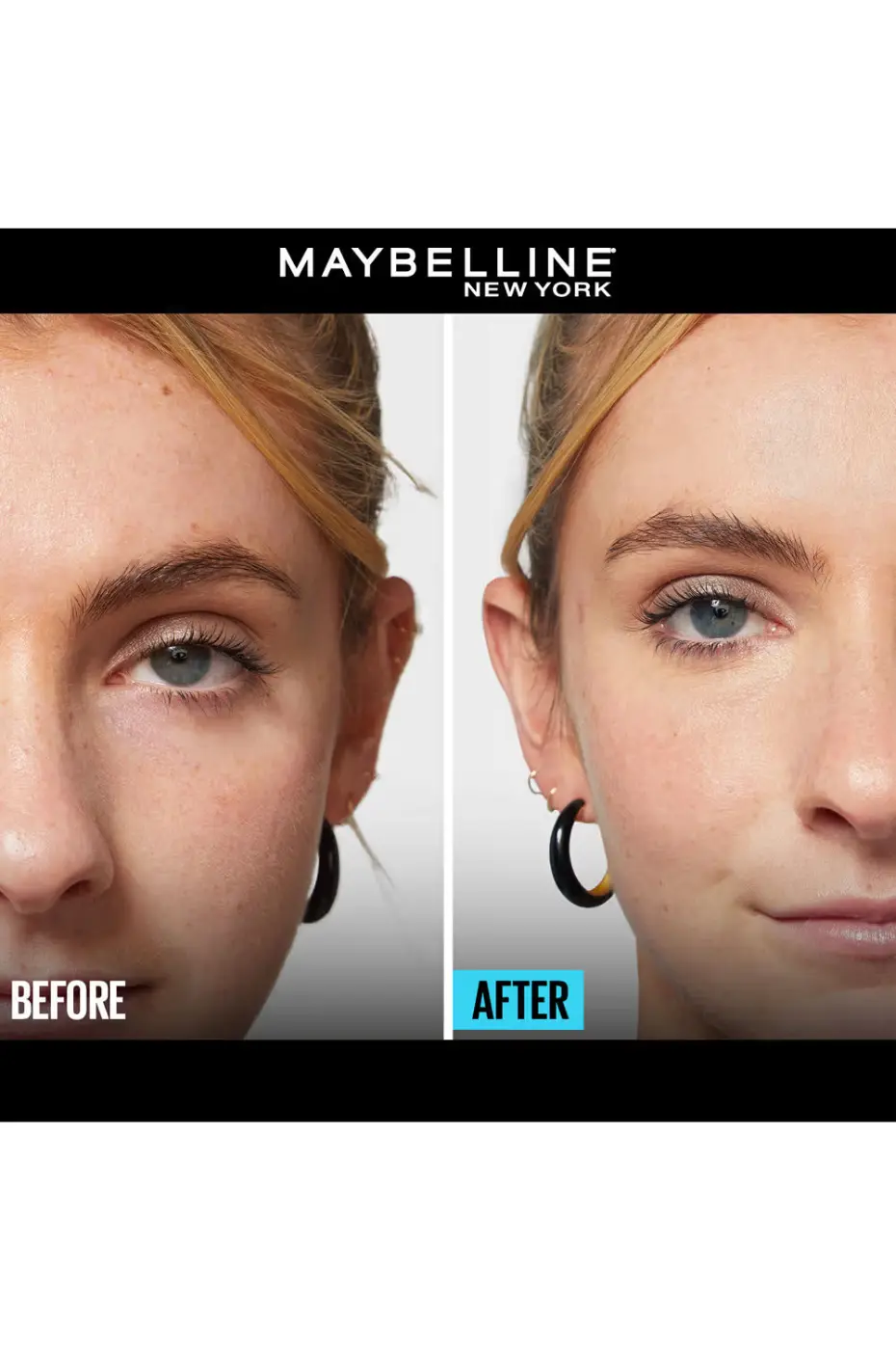 Avant/Après : L’effet magique du Correcteur Fit Me n°15 Image Avant/Après montrant l'efficacité du correcteur Maybelline Fit Me n°15. La peau est unifiée, les cernes et rougeurs estompés.
