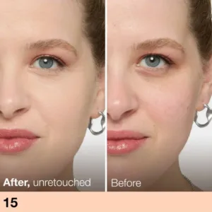 Photo Avant/Après non retouchée du correcteur Maybelline Fit Me n°15. La peau paraît plus lisse et les cernes sont camouflés.