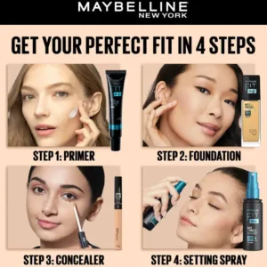 Routine Fit Me en 4 étapes par Maybelline : 1. Base, 2. Fond de teint, 3. Correcteur, 4. Spray fixateur. Pour un teint parfait et unifié.
