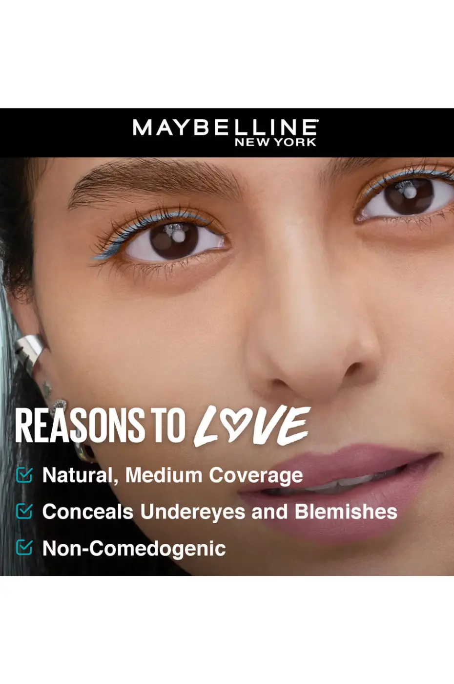 Les raisons d’aimer le correcteur Maybelline Fit Me Gros plan sur un visage maquillé avec les raisons d'aimer le correcteur Maybelline : Couvrance moyenne, camoufle les cernes/imperfections, non comédogène.