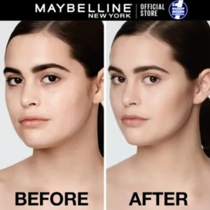 Comparaison avant et après l'application du Maybelline Instant Anti-Âge Concealer N°2 sur un visage, montrant un teint unifié et lumineux.