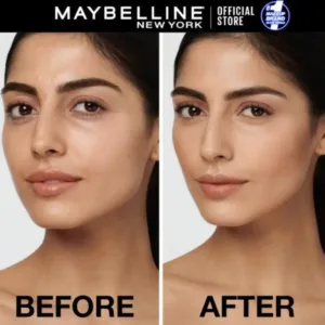 Comparaison avant et après l'application de l'anti-cernes Maybelline Instant Anti-Âge N°2, révélant un teint unifié et lumineux.