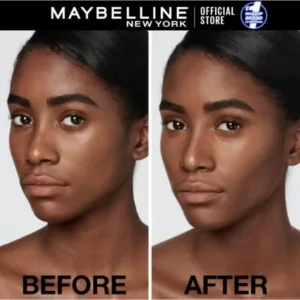 Comparaison avant/après du Maybelline Instant Anti-Âge Concealer N°2 sur un teint foncé, montrant un regard illuminé et une peau unifiée.