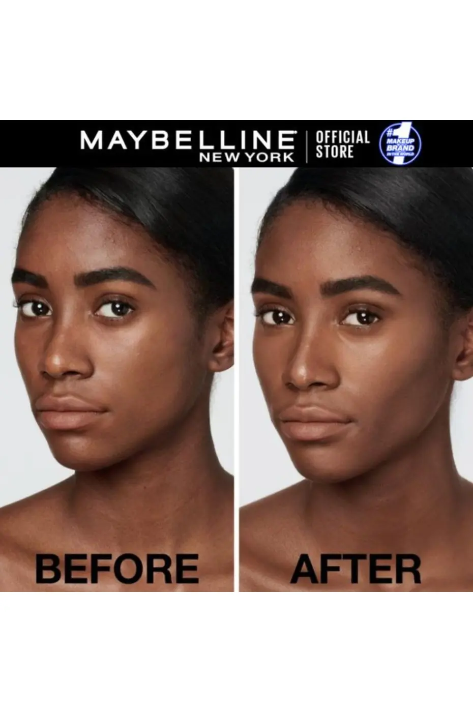 Maybelline Anti-Âge Concealer : Sublimation & Éclat Peau Mate Comparaison avant/après du Maybelline Instant Anti-Âge Concealer N°2 sur un teint foncé, montrant un regard illuminé et une peau unifiée.