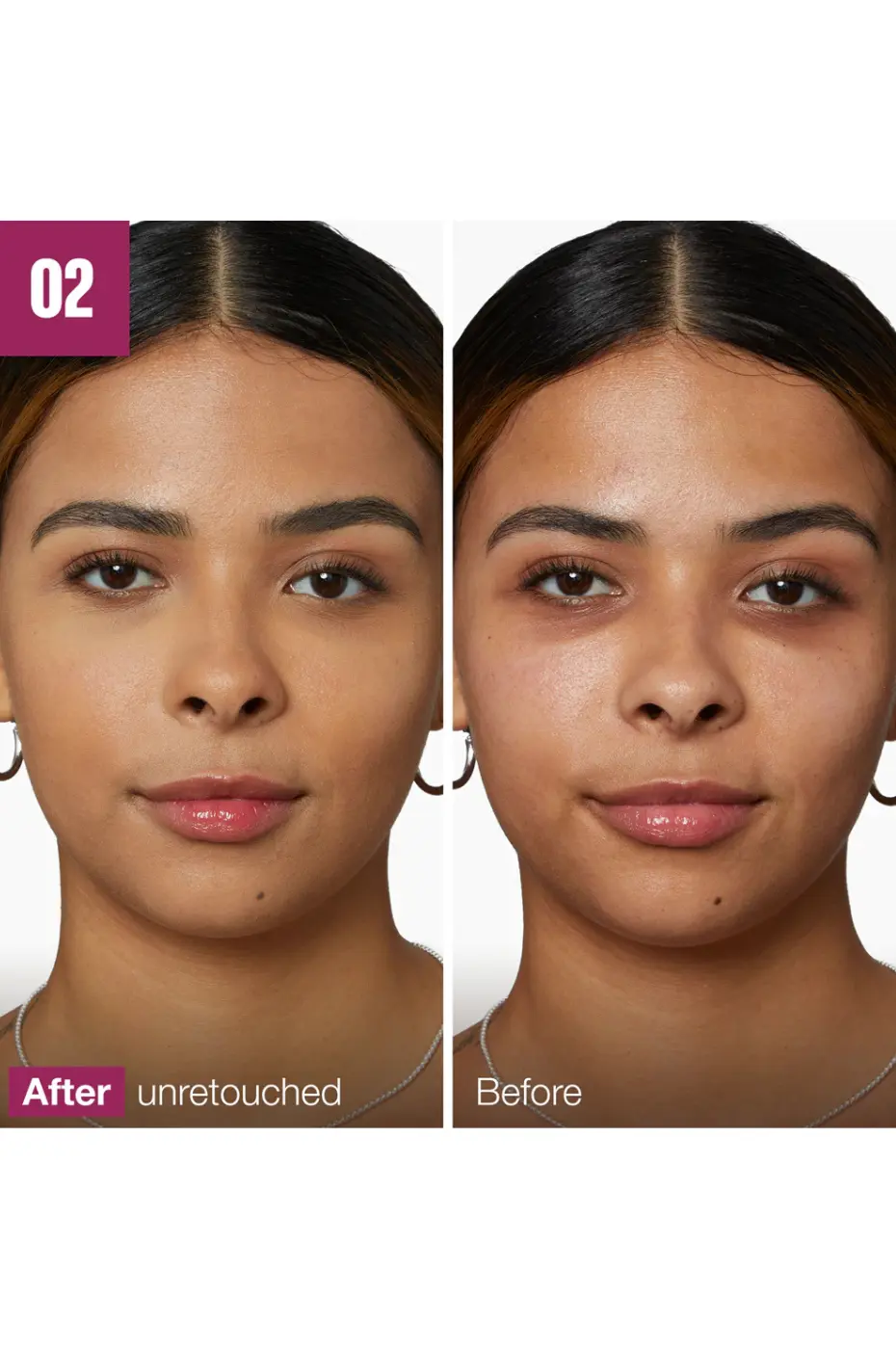 Maybelline Concealer N°2 : La Différence Réelle (Avant/Après) Comparaison avant (à droite) et après (à gauche, non retouchée) l'application de l'anti-cernes Maybelline Instant Anti-Âge N°2 sur un visage.