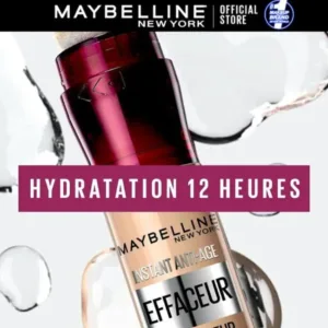 Le Maybelline Instant Anti-Âge Effaceur avec des gouttes d'eau et le texte "HYDRATATION 12 HEURES".