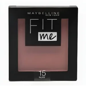 Blush Maybelline Fit Me Nude 15, poudre légère pour les joues, boîtier noir compact avec fenêtre transparente. 5g de produit.