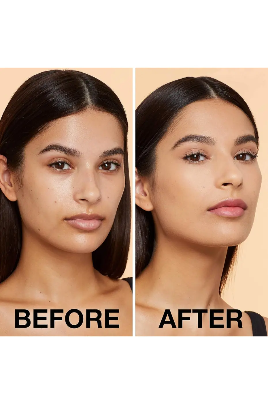 MAYBELLINE Fit Me (128)! : Teint Parfait Avant/Après Image Avant/Après d'un mannequin femme métisse : à gauche sans maquillage, à droite avec un fond de teint Fit Me! unifiant et matifiant.