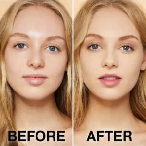 Image Avant/Après d'une femme blonde à la peau claire, montrant le teint unifié et matifié par le fond de teint Maybelline Fit Me! 128.