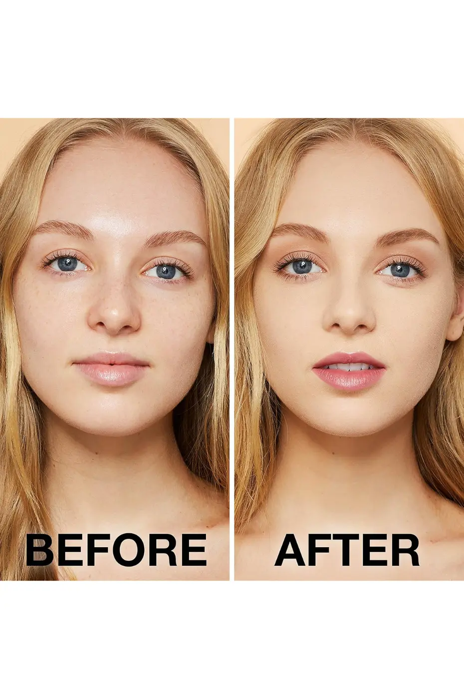 : Effet MAYBELLINE Fit Me! 128 : Avant/Après (Teint Clair) Image Avant/Après d'une femme blonde à la peau claire, montrant le teint unifié et matifié par le fond de teint Maybelline Fit Me! 128.