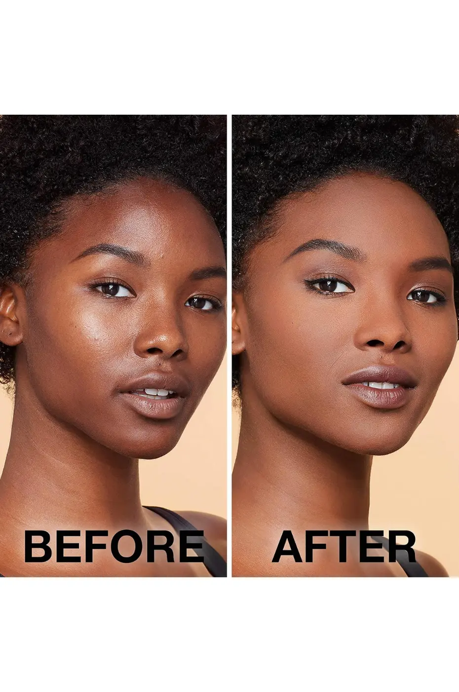MAYBELLINE Fit Me! : Teint Parfait Peau Noire Avant/Après Image Avant/Après d'une femme noire aux cheveux crépus. À droite, le fond de teint Fit Me! unifie et matifie parfaitement son teint foncé.