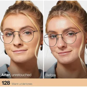 Démonstration de l'effet du fond de teint Maybelline Fit Me! 128 (Warm Undertones) sur une peau claire à taches de rousseur (Après/Avant).