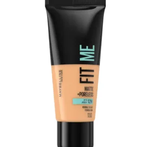 Tube de fond de teint Maybelline Fit Me Matte + Poreless, teinte 130 Buff Beige, 30 ml. Packaging noir et couleur chair.